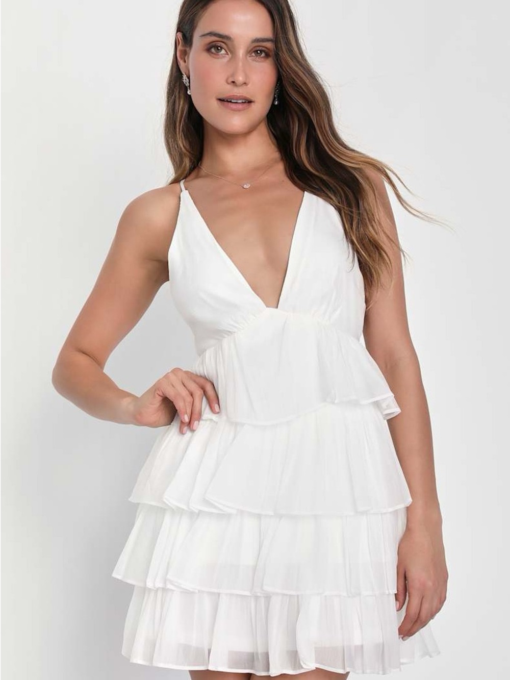 NWT Lulu's White Tiered Ruffle V-Neck Mini Dress - Picture 2 of 7